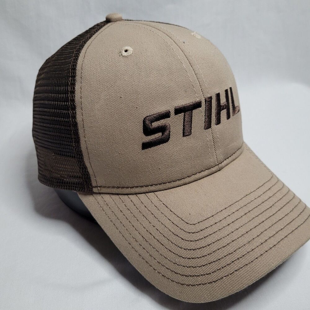 STIHL Hat Tan Brown Logo Mesh Back Snapback Trucker Outdoor Workwear Cap Mens